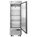 Atosa MBF8531GR 26-inch reach-in freezer with the door open showing the adjustable wire shelves