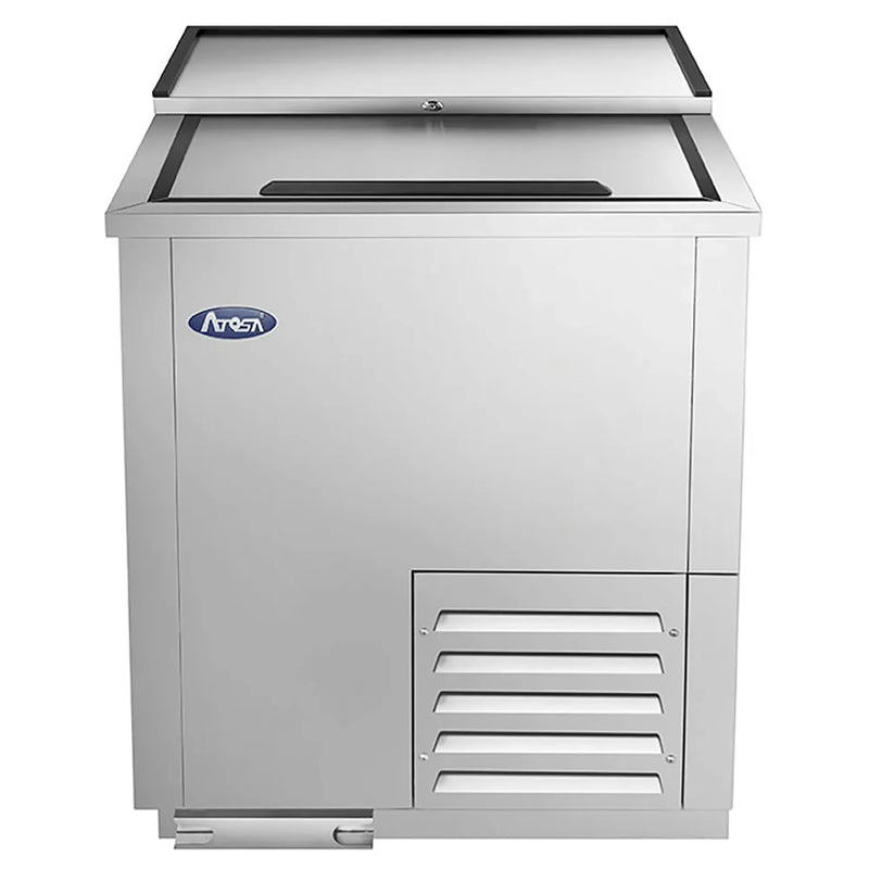 Atosa MBGF24GR 24-inch stainless steel commercial glass froster with sliding top lids, angled view