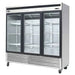 Atosa MCF8704GR 81-inch three door stainless steel display freezer with LED lit interior, angled view