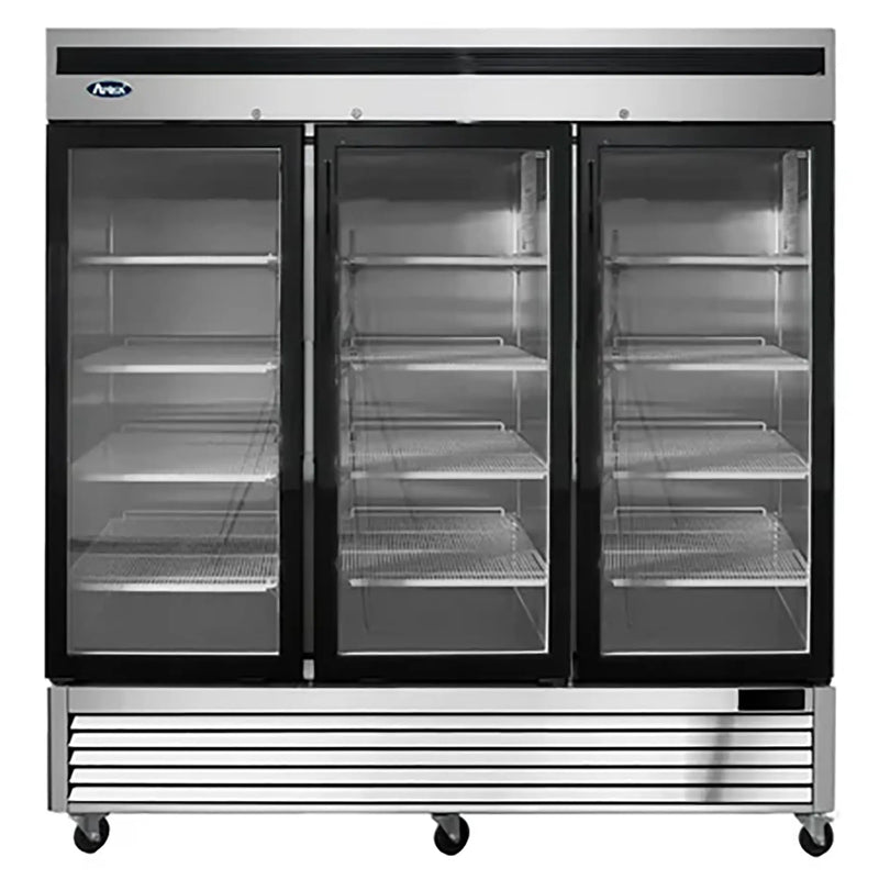 Atosa MCF8704GR 81-inch triple glass door stainless steel merchandiser display freezer, front view