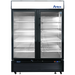 Atosa MCF8721ES 54-inch double glass door black merchandiser display freezer with LED lit interior, front view