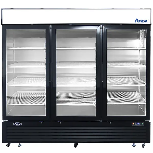 Atosa MCF8724GR 82-inch triple glass door black merchandiser display refrigerator with LED lit interior, front view