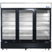 Atosa MCF8724GR 82-inch triple glass door black merchandiser display refrigerator with LED lit interior, front view