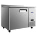 Atosa MGF44GR 44-inch side mount refrigerated work table with backsplash on casters, angled view