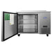 Atosa MGF44GR 44-inch refrigerated work table with the door open showing the interior wire shelf