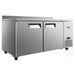 Atosa MGF67GR 67-inch side mount refrigerated work table with backsplash on casters, angled view
