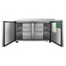 Atosa MGF67GR 67-inch refrigerated work table with both doors open showing the interior wire shelves
