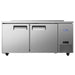 Atosa MGF67GR 67-inch double door stainless steel refrigerated work table with side-mounted compressor, front view