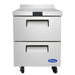 Atosa MGF8415GR 27-inch two drawer stainless steel refrigerated work table with a rear backsplash, front view