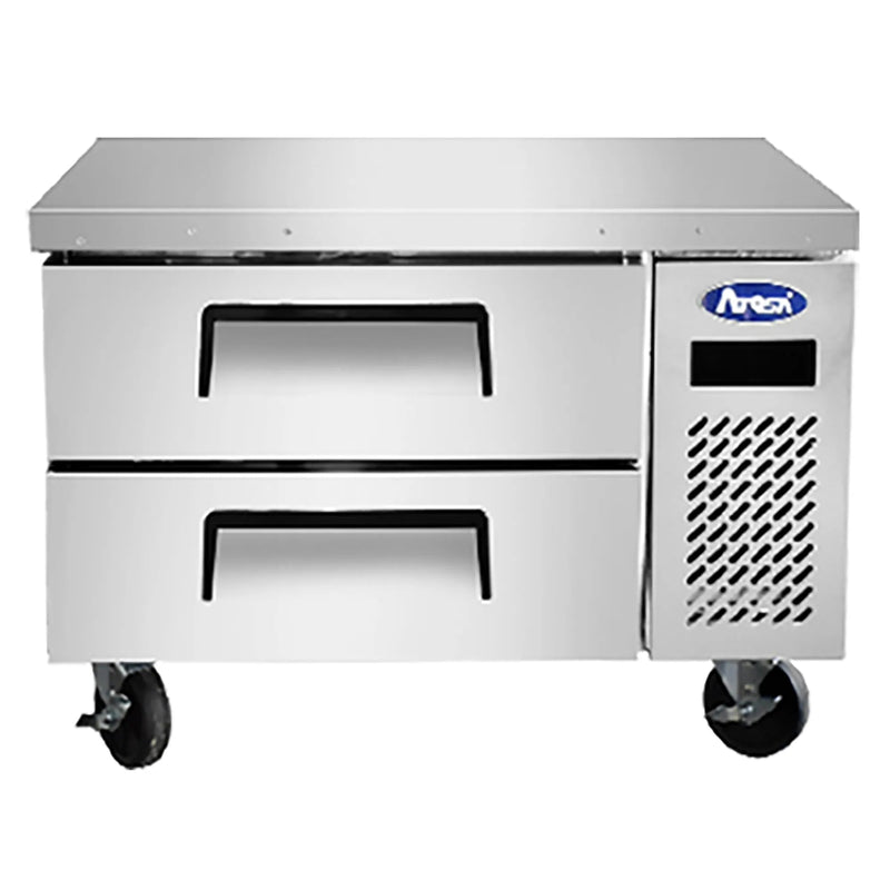 Atosa MGF8448GR 36-inch two drawer stainless steel refrigerated chef base on casters, front view