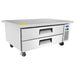 Atosa MGF8451GR 52-inch refrigerated chef base with a flat stainless steel top and two drawers, angled view