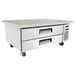 Atosa MGF8452GR 60-inch refrigerated chef base with a flat stainless steel top and two drawers, angled view