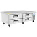 Atosa MGF8453GR 72-inch refrigerated chef base with a flat stainless steel top and four drawers, angled view