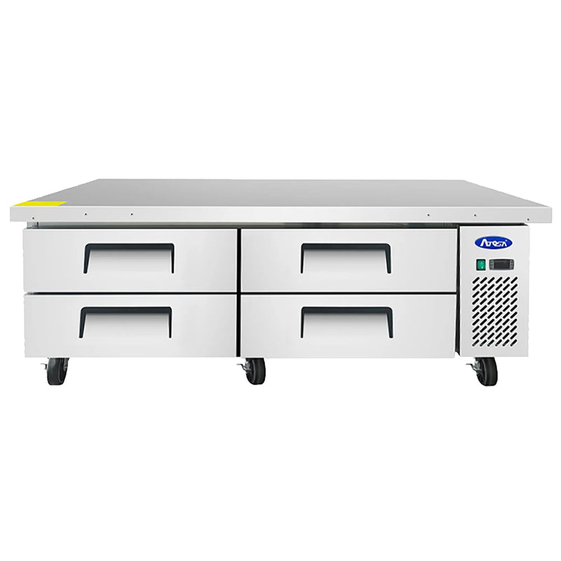 Atosa MGF8453GR 72-inch four drawer stainless steel refrigerated chef base on casters, front view