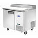 Atosa MPF8201GR 44-inch stainless steel refrigerated pizza prep table with lid closed, angled view
