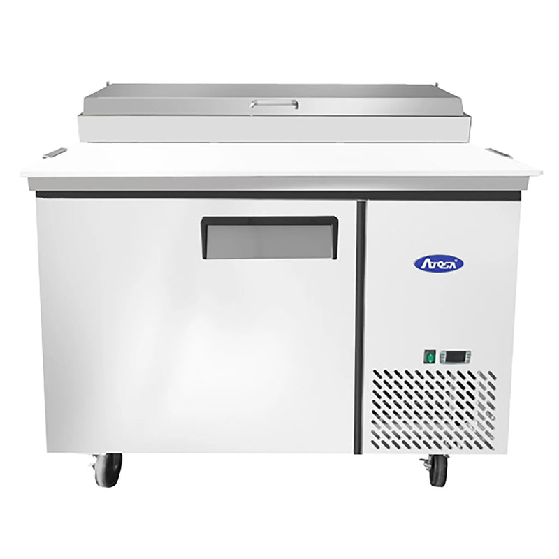 Atosa MPF8201GR 44-inch single door stainless steel refrigerated pizza prep table with lid closed, front view