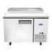 Atosa MPF8201GR 44-inch single door stainless steel refrigerated pizza prep table with lid closed, front view