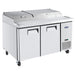 Atosa MPF8202GR 67-inch two door refrigerated pizza prep table on casters with lid closed, angled view