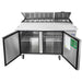 Atosa MPF8202GR 67-inch pizza prep table with both doors open showing the refrigerated base and shelves