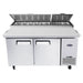Atosa MPF8202GR 67-inch refrigerated pizza prep table with the lid open over the ingredient pans, front view