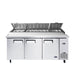 Atosa MPF8203GR 93-inch three door pizza prep table with the insulated lids open, angled view