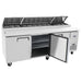 Atosa MPF8203GR 93-inch refrigerated pizza prep table with lids open over the ingredient pans, front view