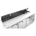 Atosa MPF8203GR 93-inch pizza prep table, close-up of the raised stainless steel lids over the pan rail