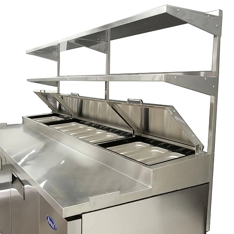 Atosa MROS-93P stainless steel double overshelf mounted above a 93-inch refrigerated pizza prep table