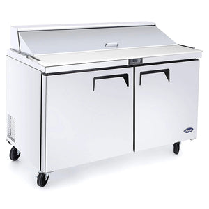 Atosa MSF8302GR 48-inch double door refrigerated sandwich prep table on casters with lid closed, angled view