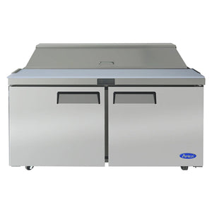 Atosa MSF8303GR 60-inch double door stainless steel refrigerated sandwich prep table with lid closed, front view