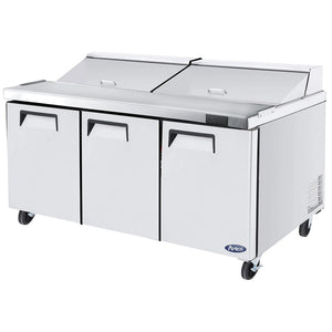 Atosa MSF8304GR 72-inch triple door refrigerated sandwich prep table on casters with lid closed, angled view