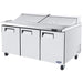 Atosa MSF8304GR 72-inch triple door refrigerated sandwich prep table on casters with lid closed, angled view