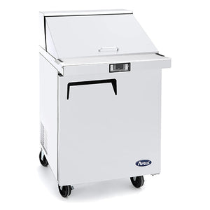 Atosa MSF8305GR 27-inch single door stainless steel refrigerated mega top sandwich prep table with lid closed, front view