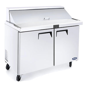Atosa MSF8306GR 48-inch double door refrigerated mega top sandwich prep table on casters with lid closed, angled view