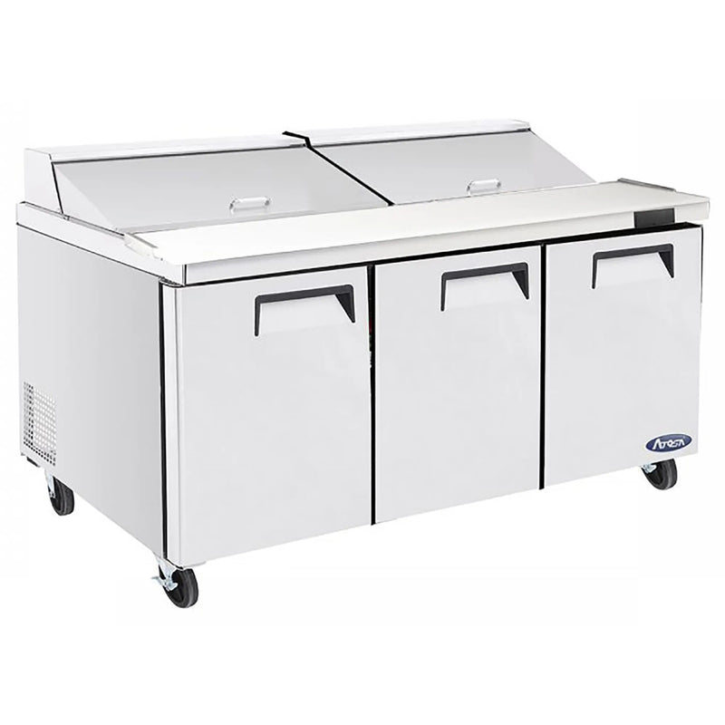 Atosa MSF8308GR 72-inch triple door refrigerated mega top sandwich prep table on casters with lid closed, angled view