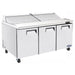 Atosa MSF8308GR 72-inch triple door refrigerated mega top sandwich prep table on casters with lid closed, angled view