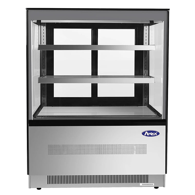 Atosa RDCS-35 36-inch square glass two tier refrigerated pastry display case with stainless steel base, front view