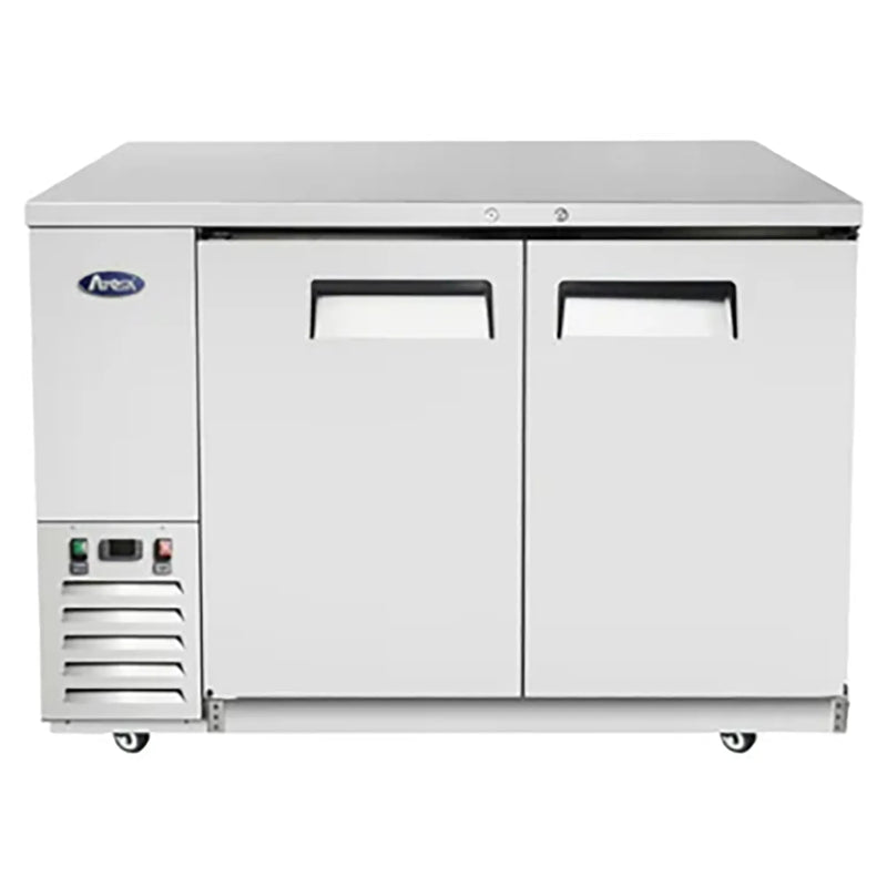 Atosa SBB48GRAUS 48-inch shallow depth stainless steel back bar cooler with two solid swing doors, front view