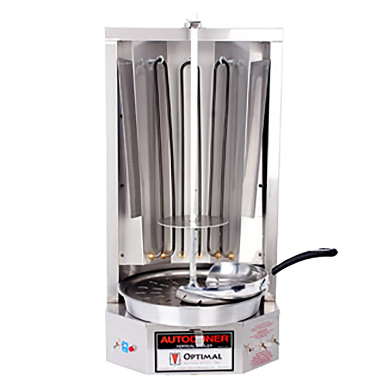 Autodoner 3PE 208V electric shawarma doner broiler in stainless steel with vertical spit and drip pan, front view