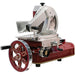 Berkel 330M-STD red manual prosciutto flywheel slicer, angled view of the carriage, blade and flywheel