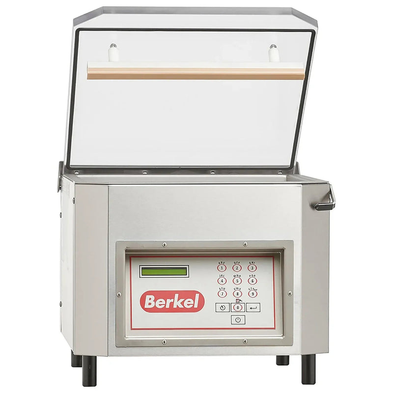 Berkel 350-STD chamber vacuum sealing machine, stainless steel with clear lid open and digital keypad, front view