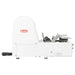 Berkel MB Series bread slicer, side view of the white housing with the loaf feed tray and bagging bracket