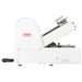 Berkel MB Series bread slicer, opposite side view of the white housing with power cord and loaf feed tray