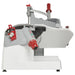 Berkel X13-PLUS manual meat slicer, end view showing the aluminum blade guard, carriage and red knobs