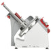 Berkel X13-PLUS manual aluminum meat slicer with 13-inch blade, rear side view of the tilted carriage