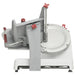 Berkel X13A-PLUS automatic meat slicer, end view showing the 13-inch blade, red knobs and aluminum carriage