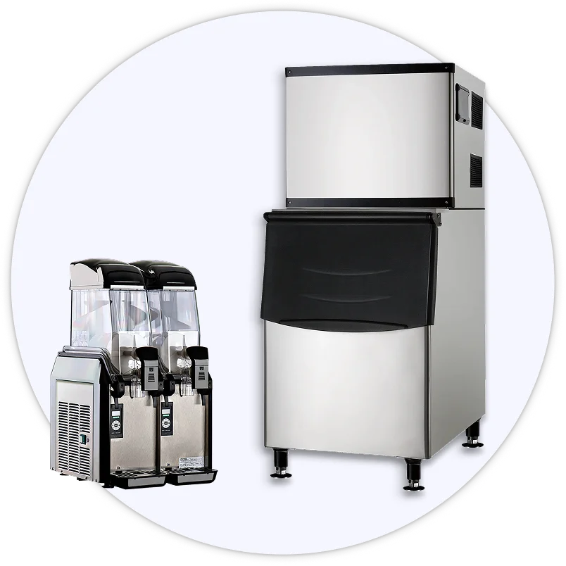 Commercial ice machines, ice dispensers, slushie machines, and cold drink dispensers.