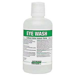 Bios 04077 eye wash solution, 32 oz white plastic bottle with green Eye Wash label and white screw cap, front view