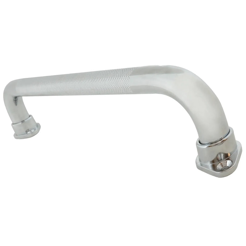 Bios bathroom safety rail, silver tubular grab bar with an angled bend and round wall mounting flanges at each end