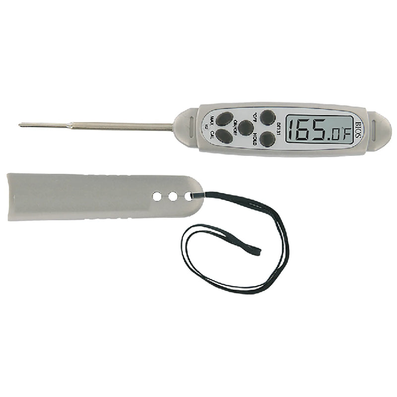 Bios DT131 digital waterproof pocket thermometer with stainless steel probe, LCD display, protective sleeve and lanyard
